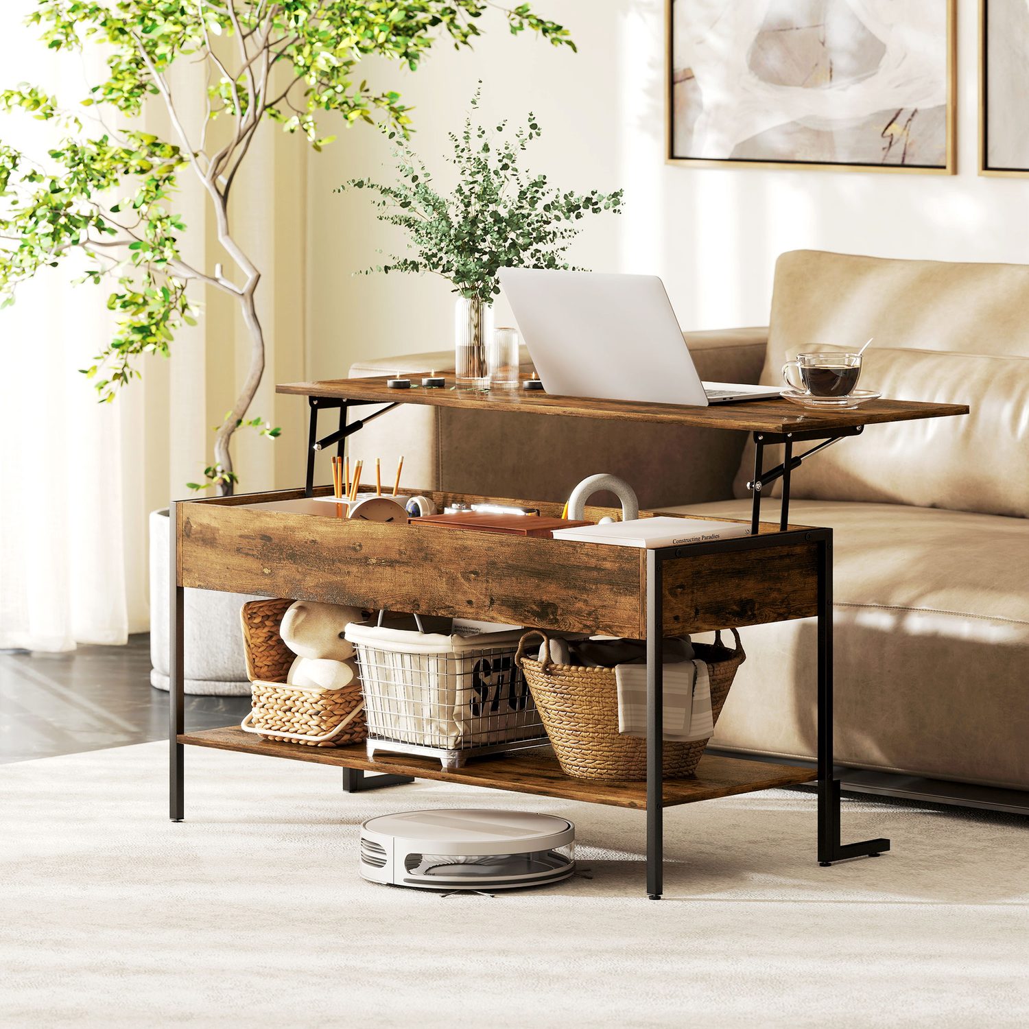 Rustic brown lift-top coffee table with dual hidden storage compartments