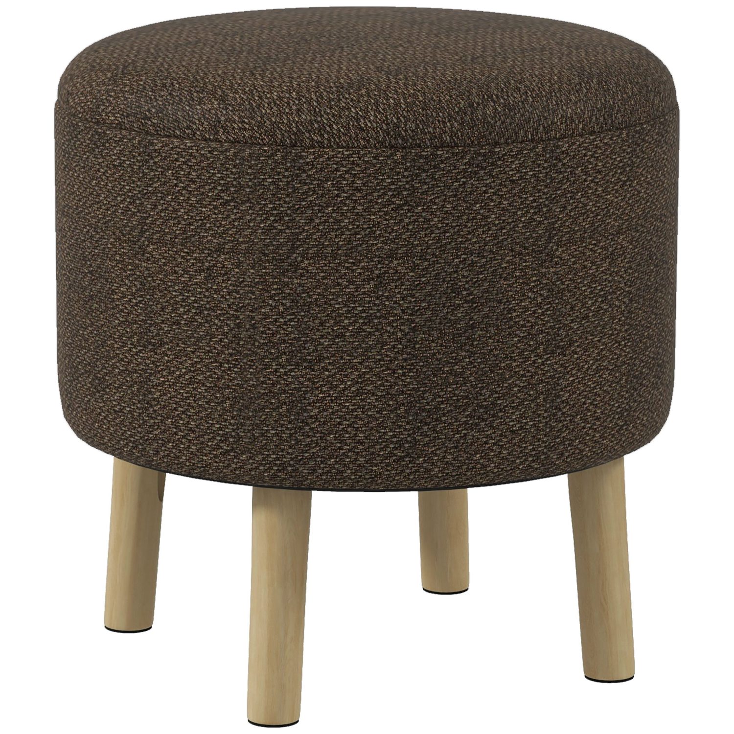Round storage ottoman in dark brown woven fabric with tapered wood legs