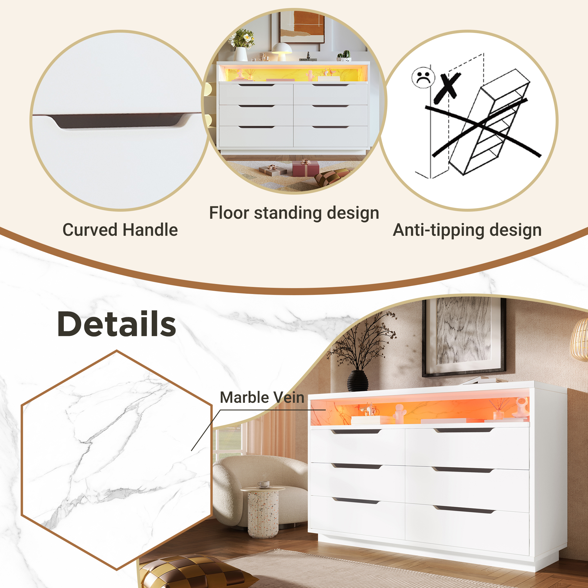 White Marbled 6-Drawer LED Sideboard