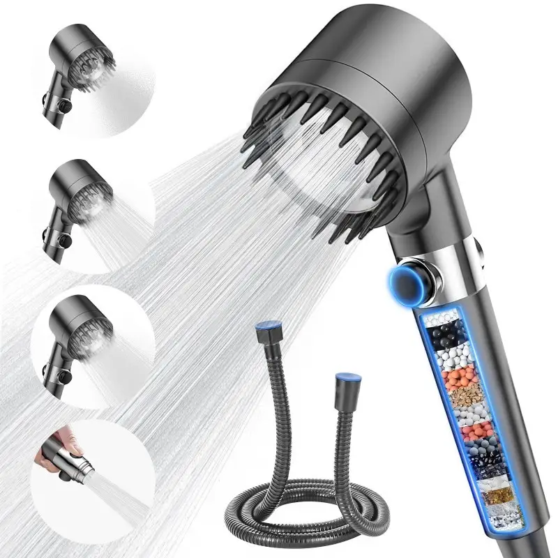 Filtered high pressure handheld shower head with hose
