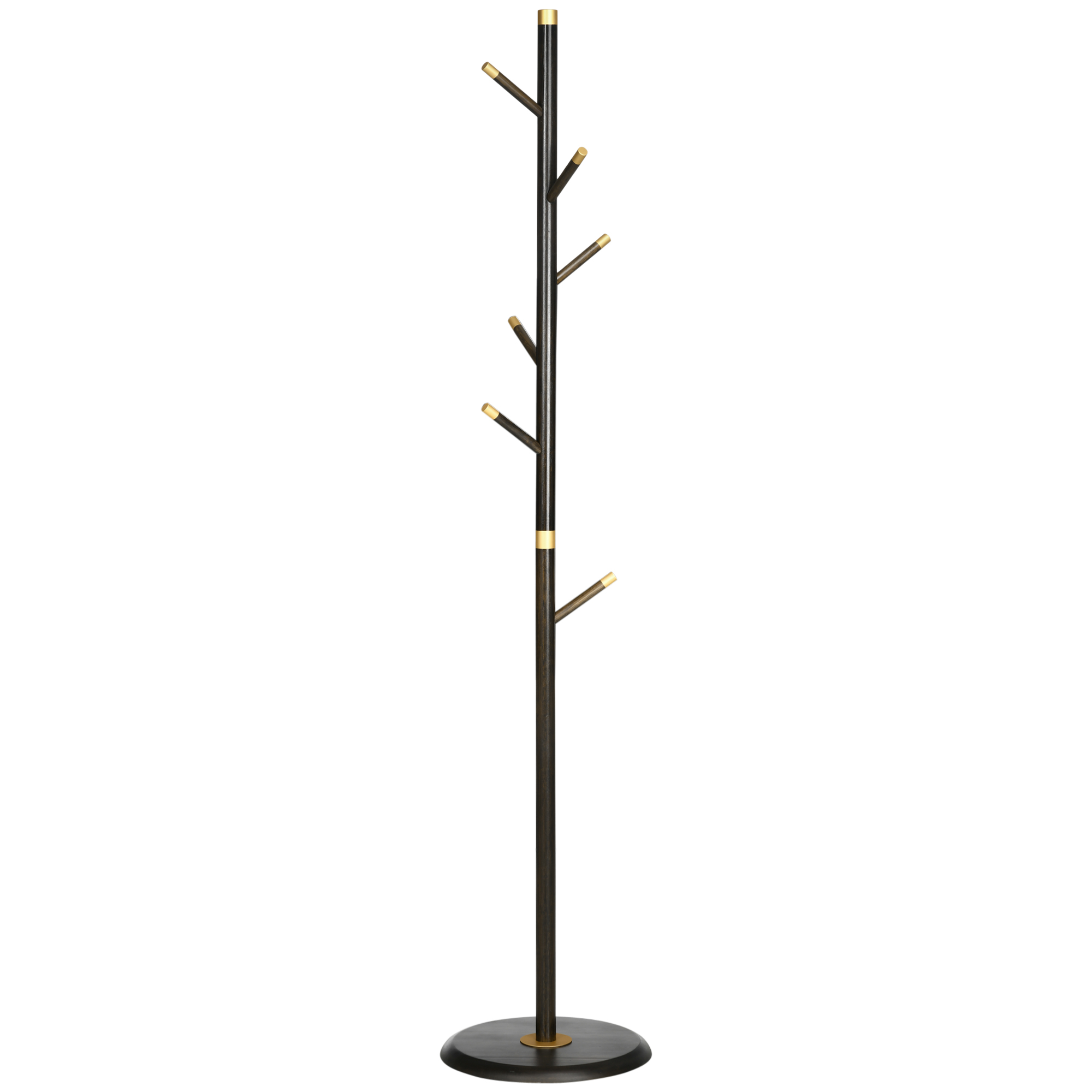 Slim walnut-toned freestanding coat rack with six angled hooks and gold caps