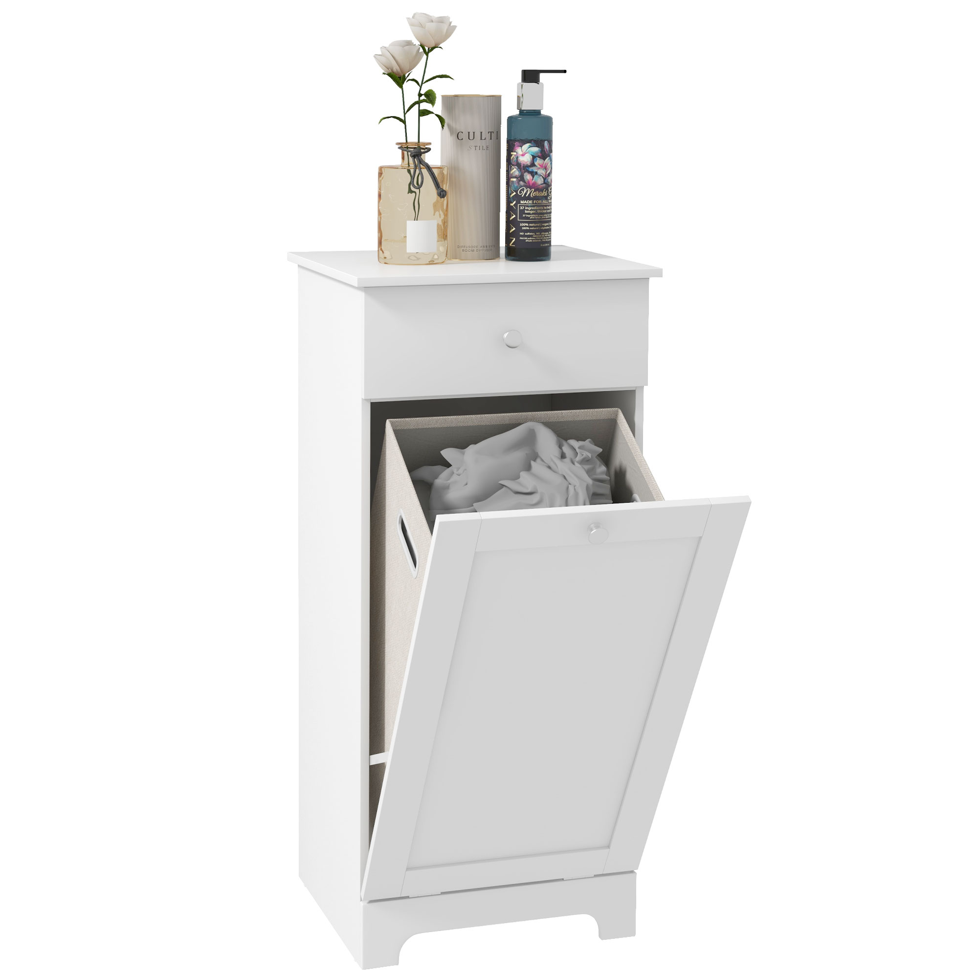 White tilt-out laundry cabinet with top drawer