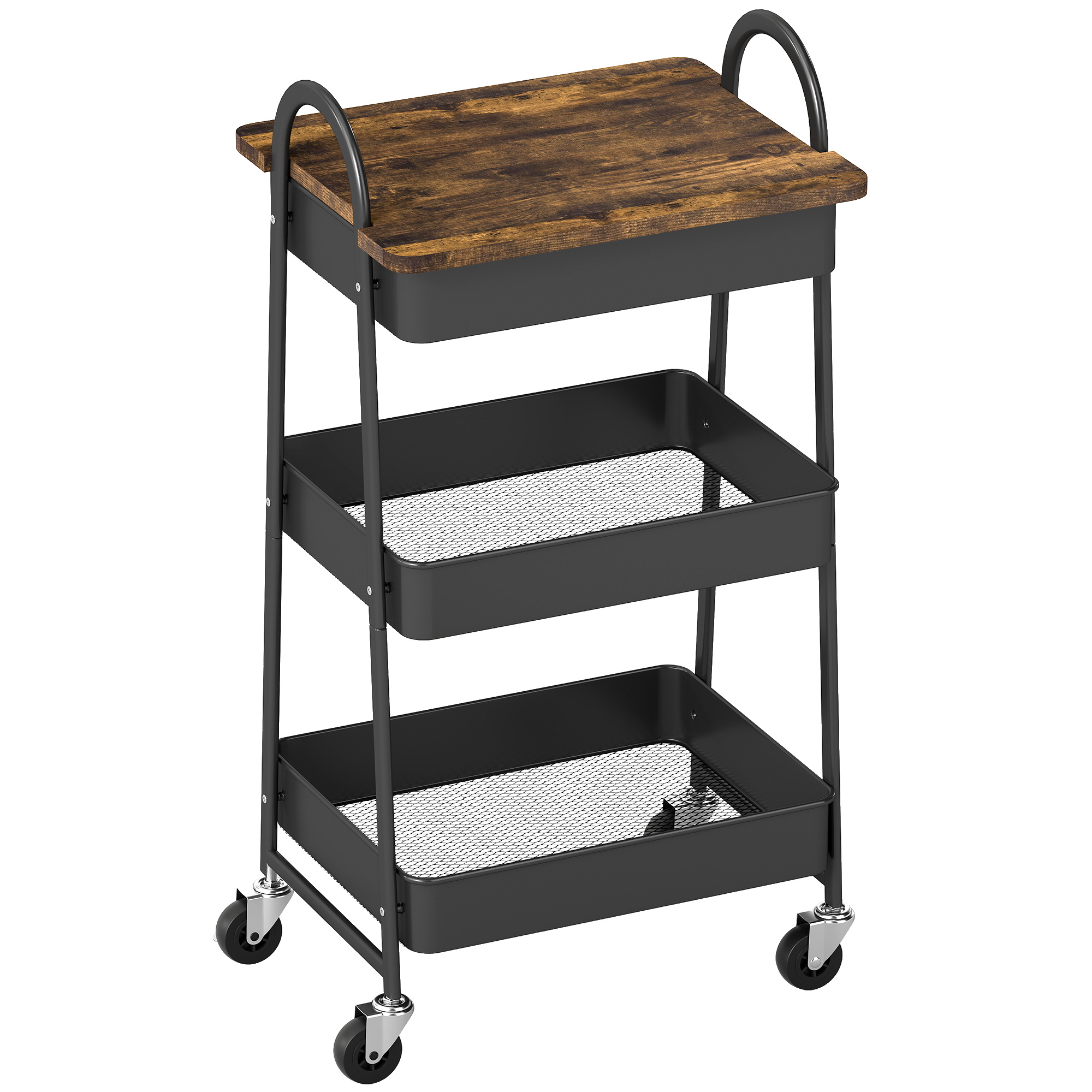 3-Tier Rustic Brown and Black Kitchen Storage Trolley