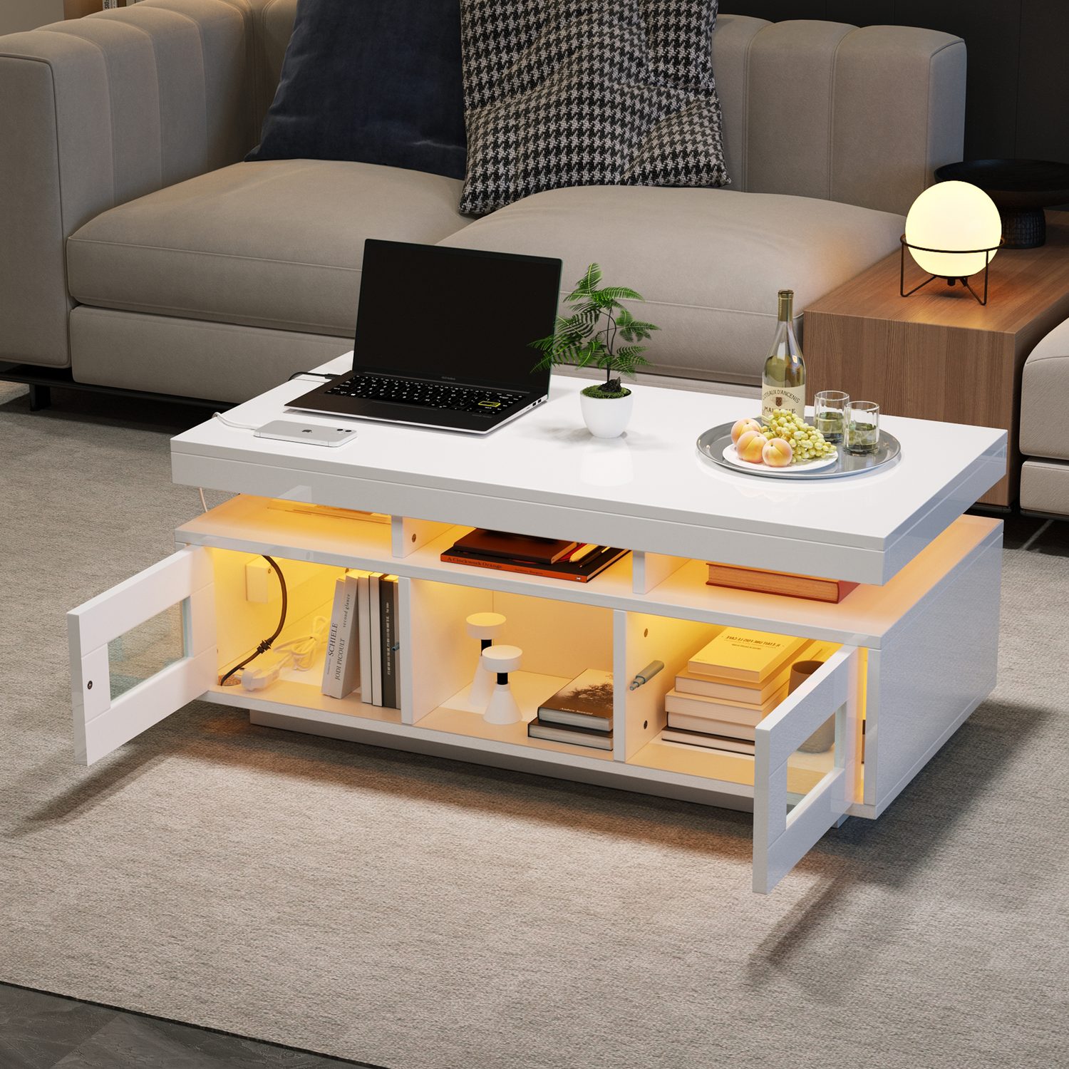 High gloss white LED coffee table with built-in USB charging ports