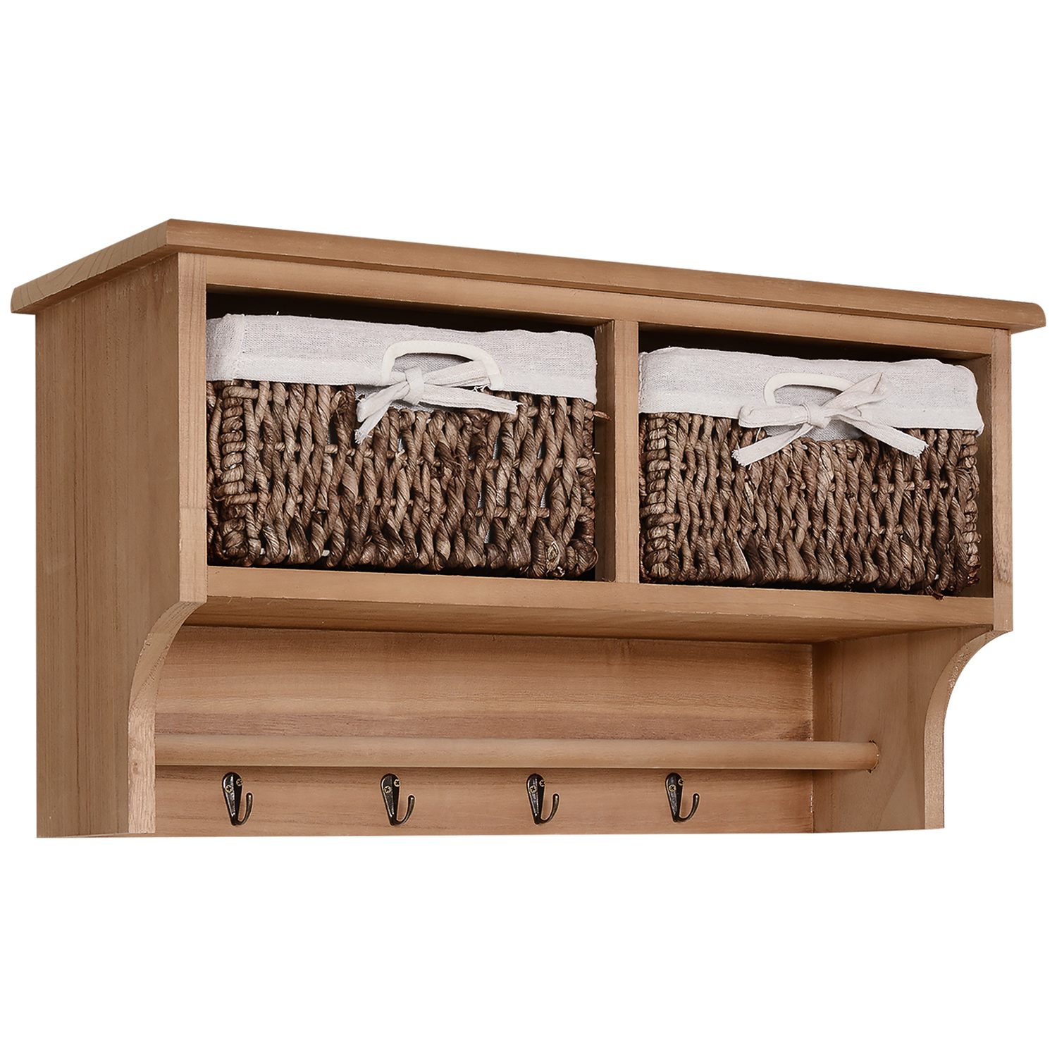 Brown paulownia wood wall-mounted coat rack with two woven corn-husk baskets and four metal hooks