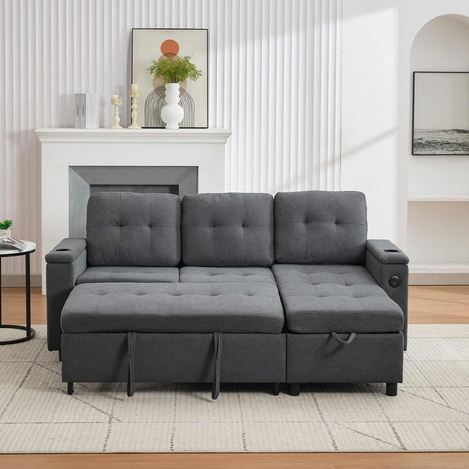 Grey 3-Seater L-Shaped Sofa Bed with Storage, USB Ports & LED