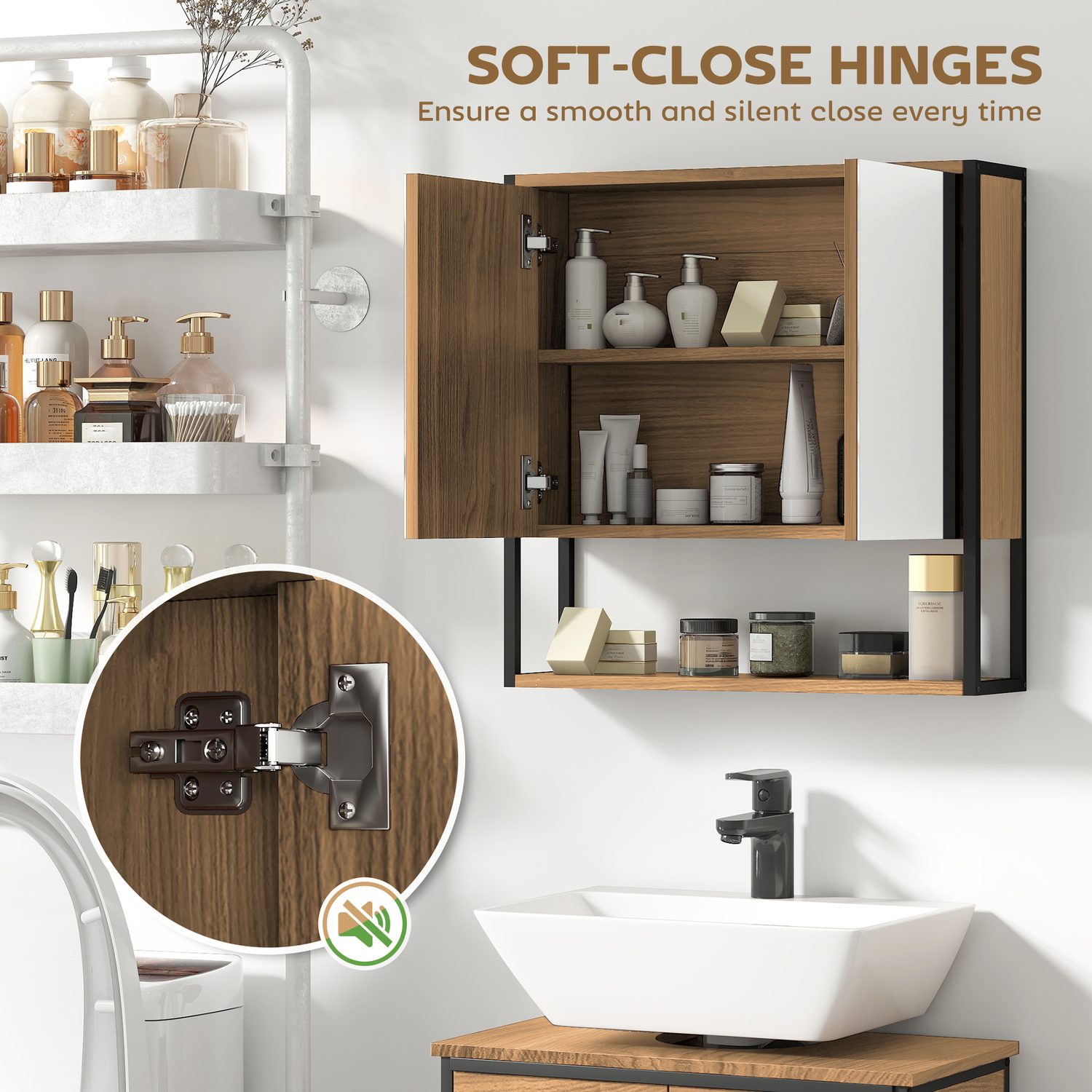 Natural Wood Bathroom Mirror Cabinet with Soft-Close Doors