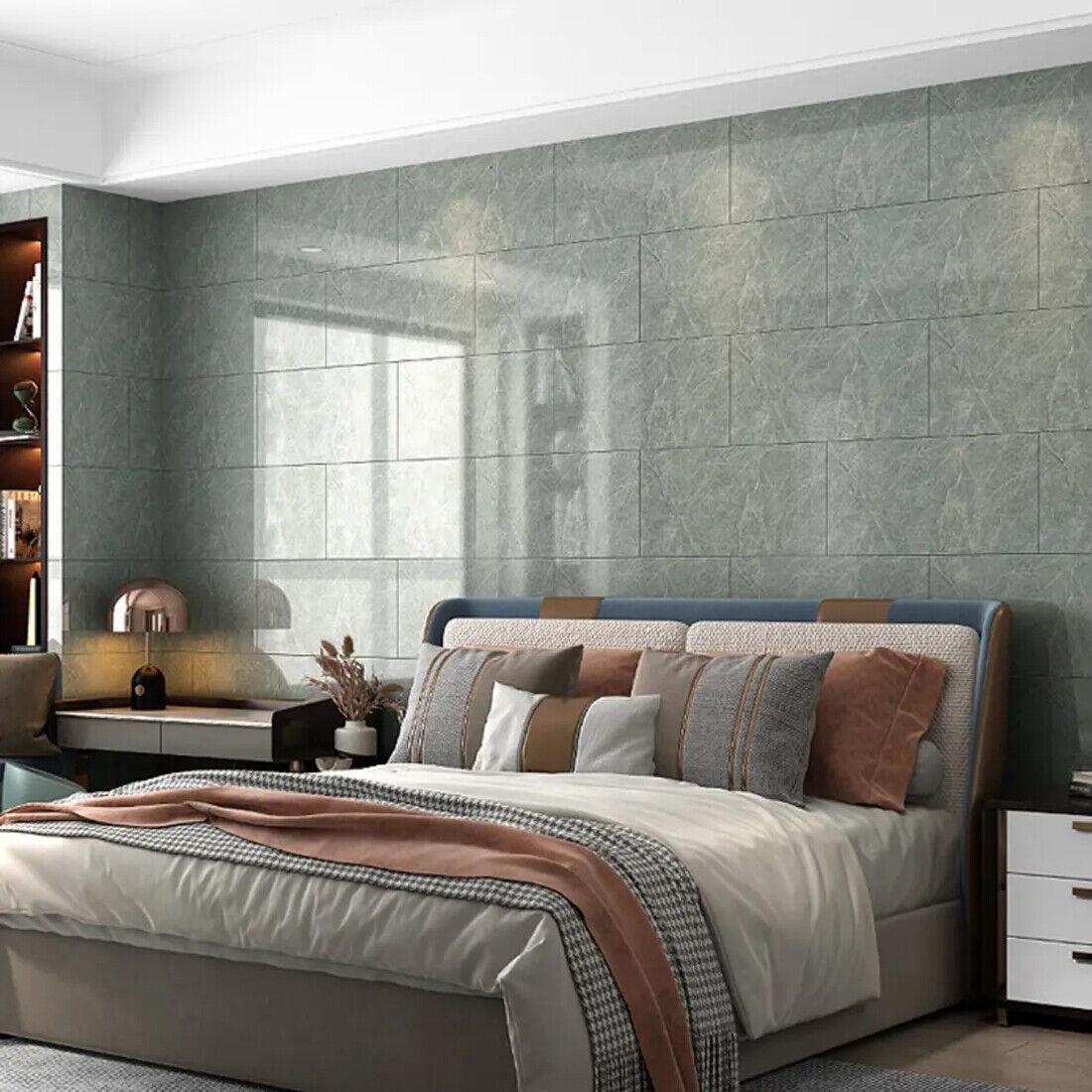 Grey green marble PVC wall stickers on a bedroom feature wall