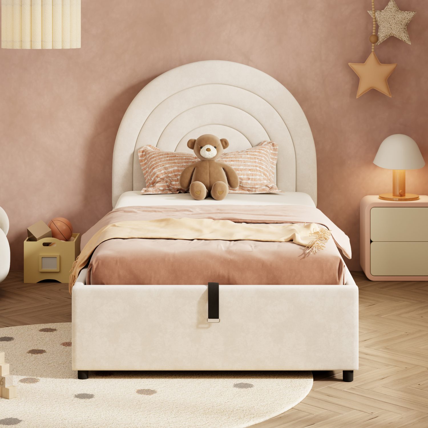 Beige Velvet Single Ottoman Bed