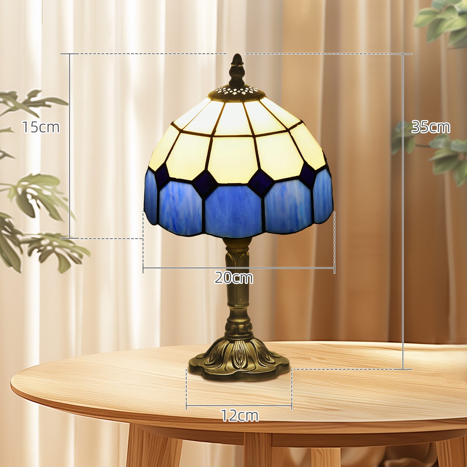 Handmade Art Deco Stained Glass Table Lamp — White & Blue