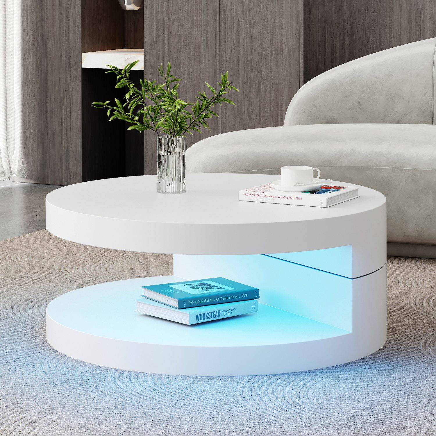 Round 70cm rotating coffee table in white gloss with LED ring lighting