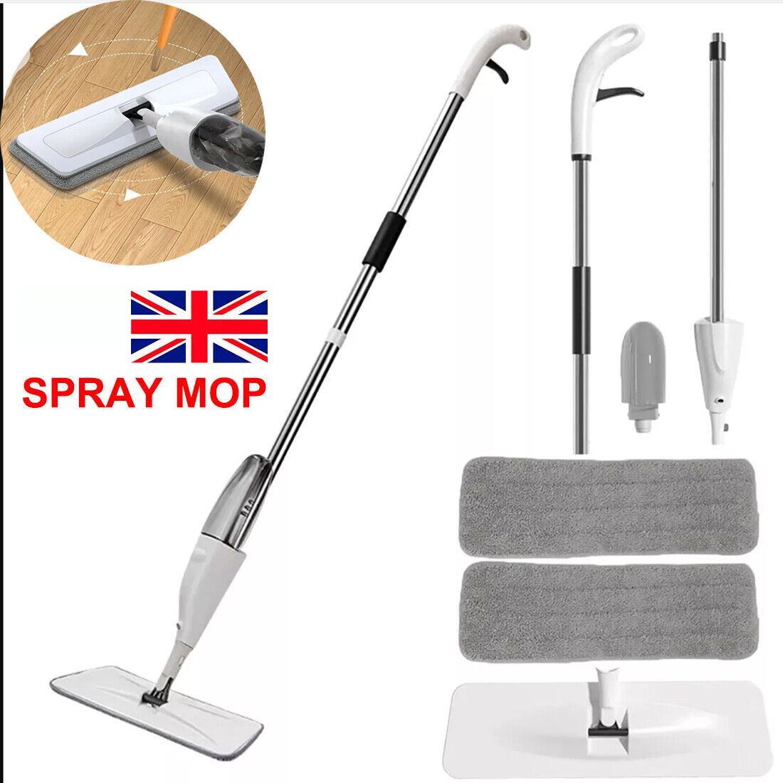 A spray mop with a refillable bottle and microfibre pads on a 126cm handle