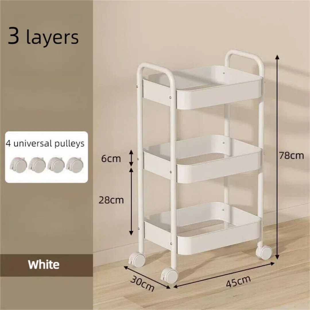 White 3-Tier Rolling Storage Trolley with Wheels and Handle Bars