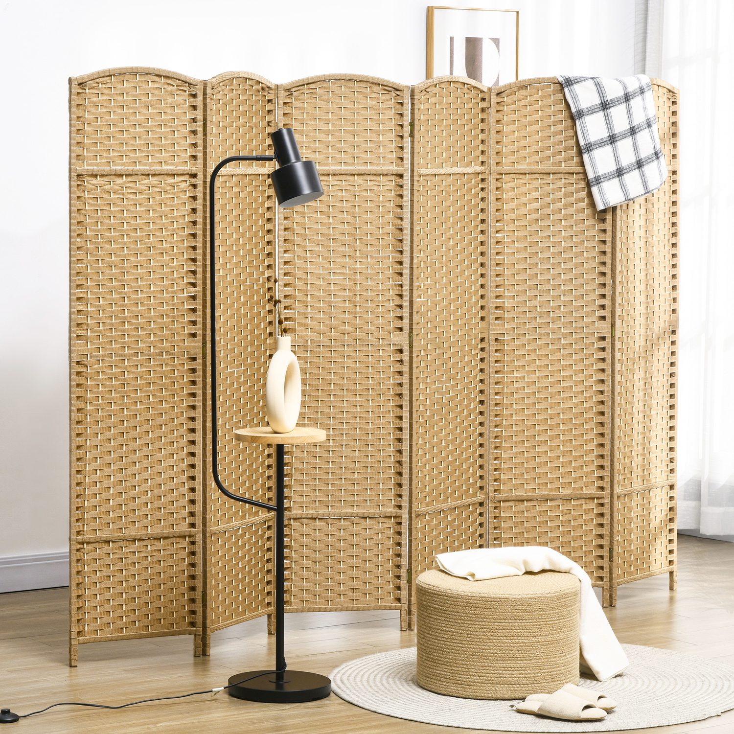 Six-Panel Woven Room Divider with Arched Tops, 240 x 170cm