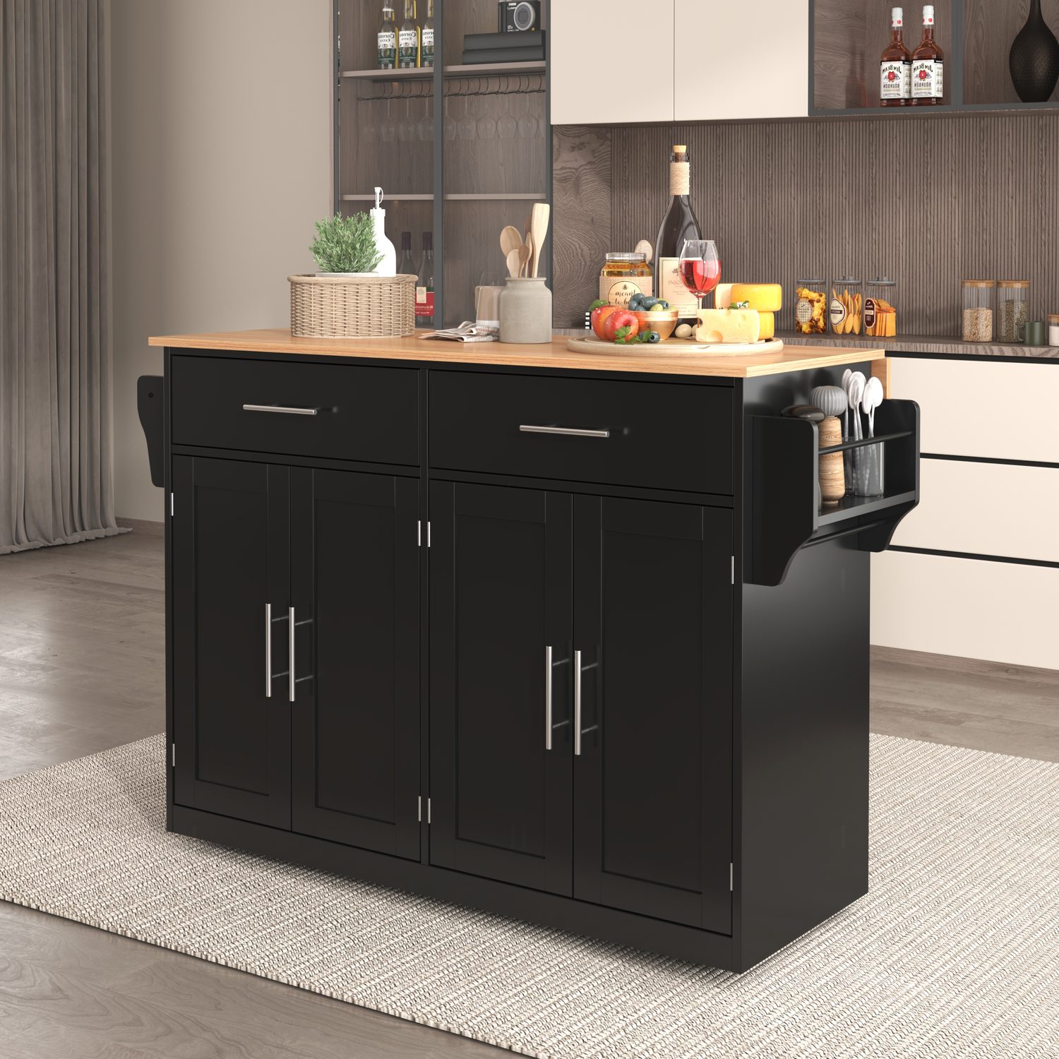 Black and wood kitchen island trolley shipping with both castors and solid wood feet