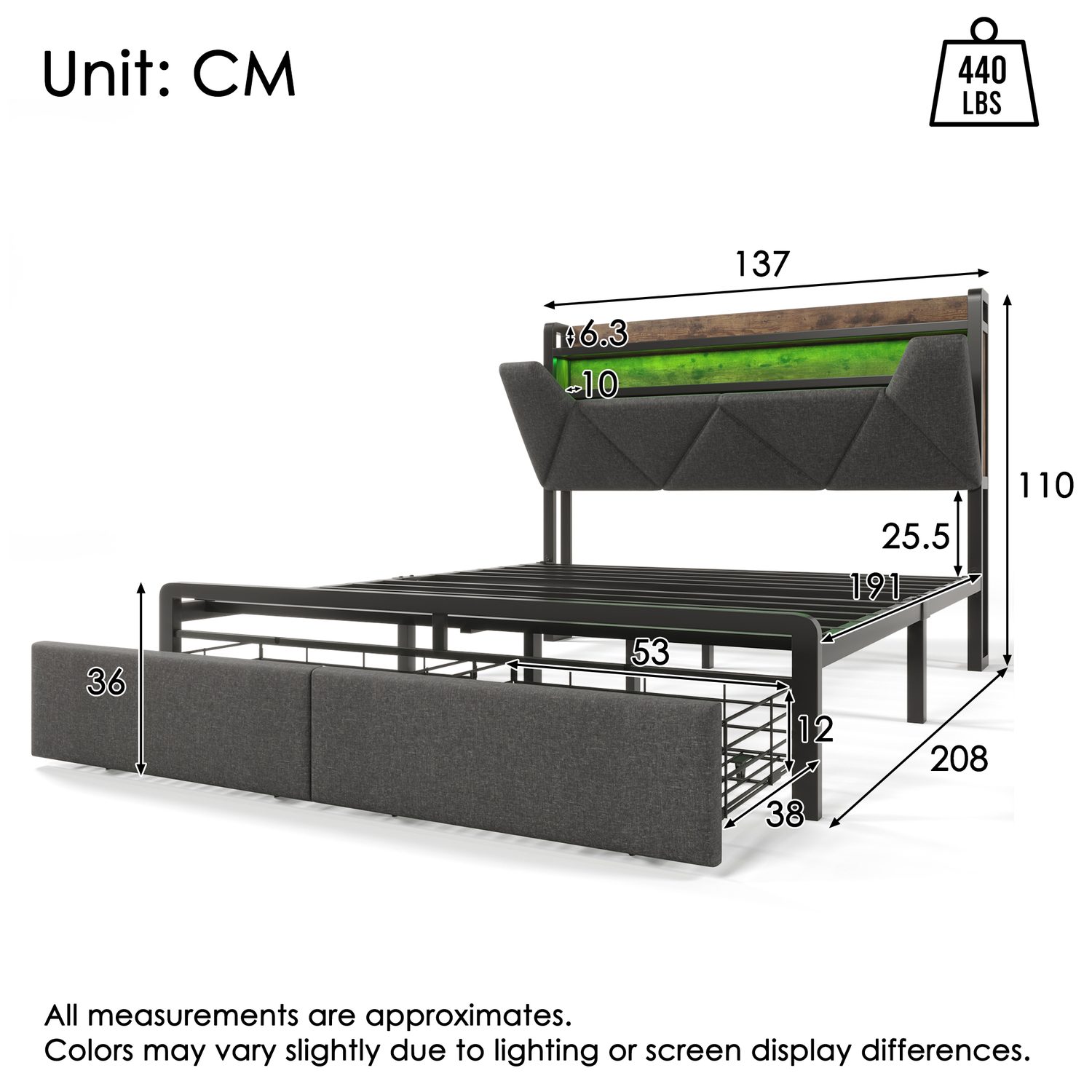Grey linen double bed with LED headboard and USB-C charging