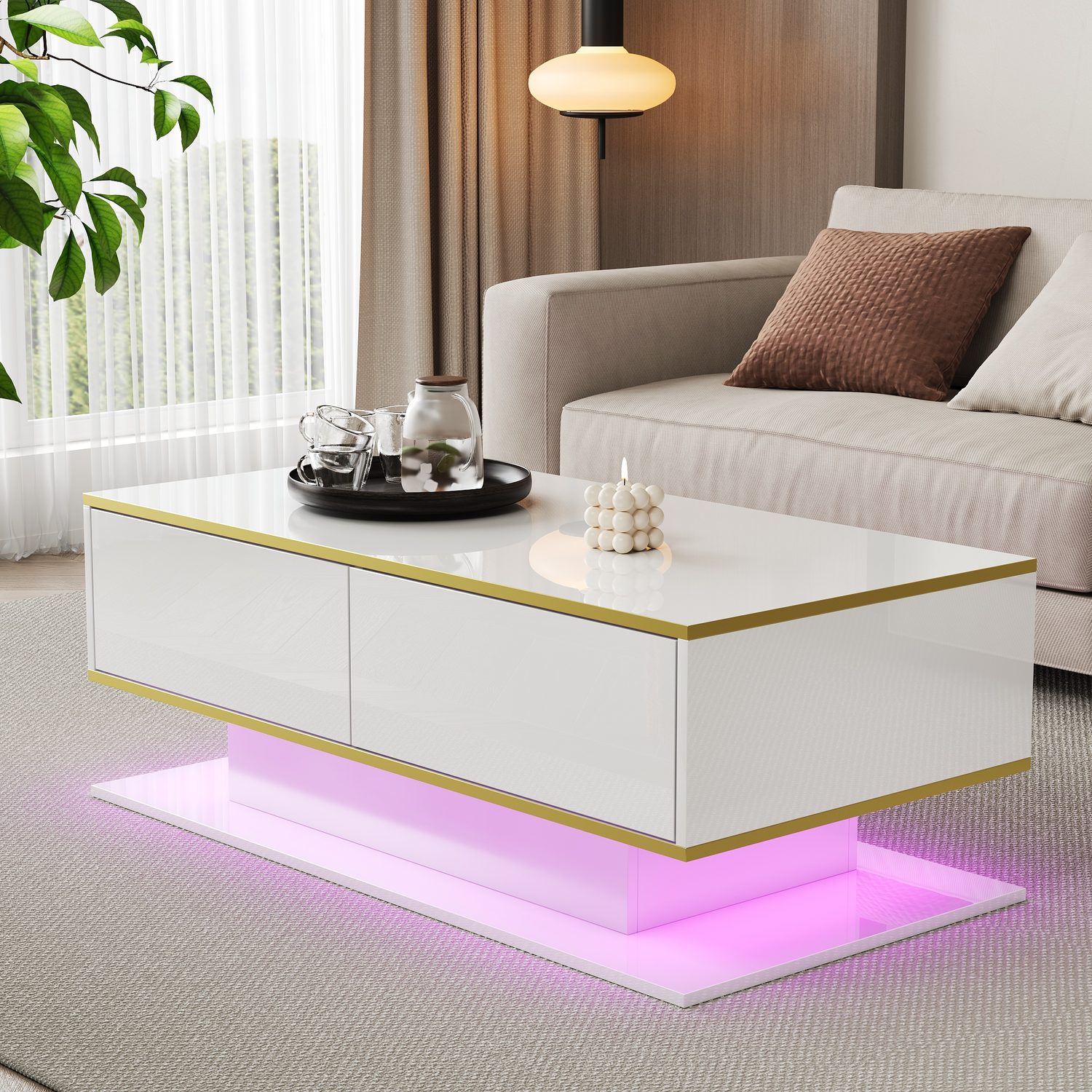 High Gloss LED Coffee Table with Gold Accents & Storage