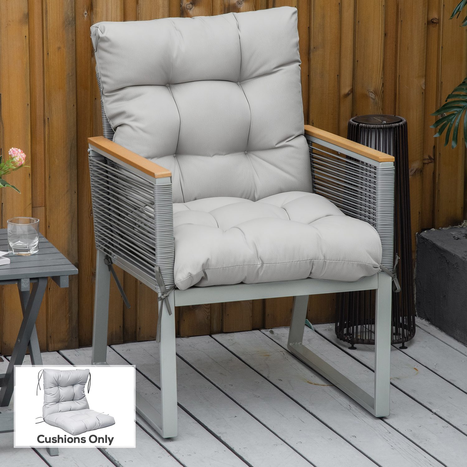 Tufted Garden Chair Cushion with Back Support, Light Grey