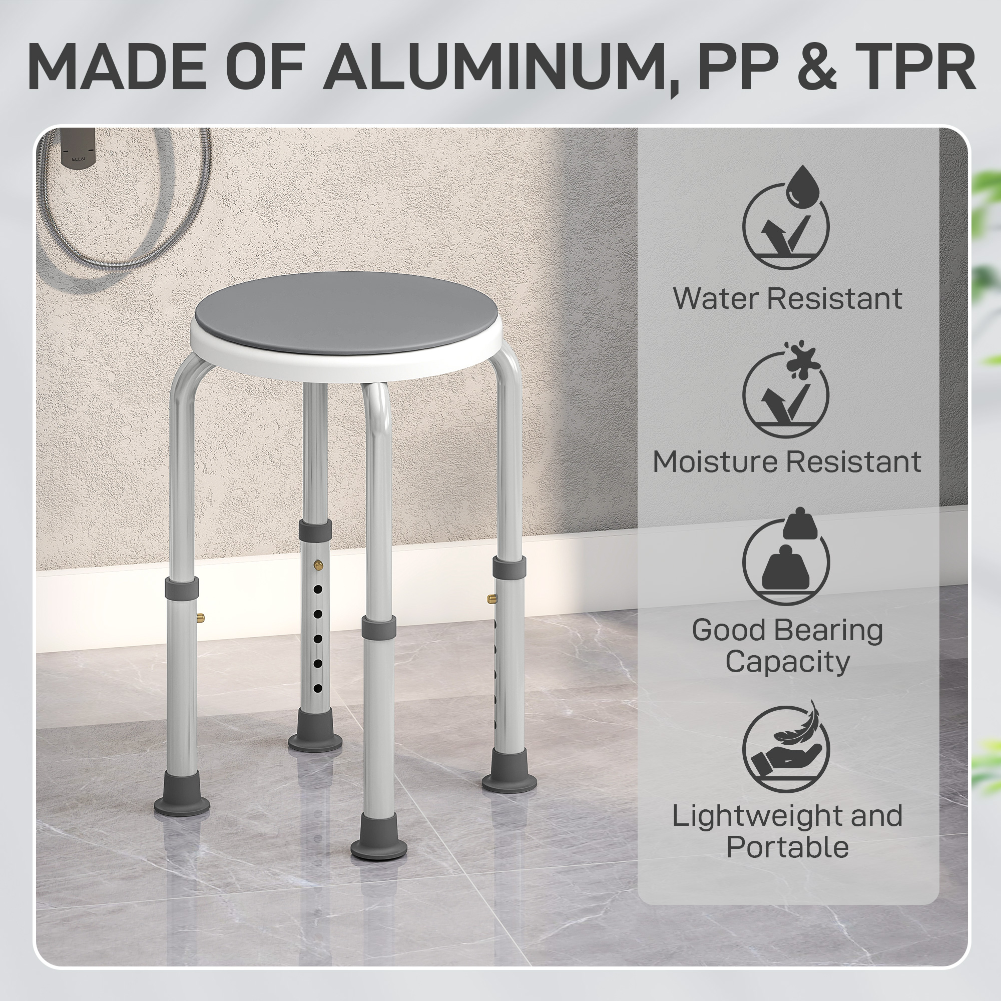 A grey shower stool with a circular rotating seat and aluminium legs, designed to swivel without standing.