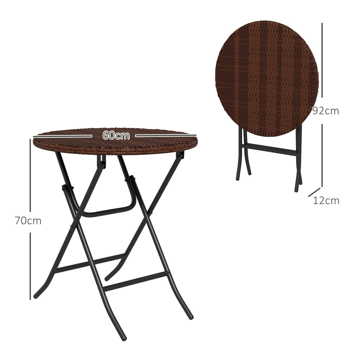Mixed brown rattan folding round garden table on a patio