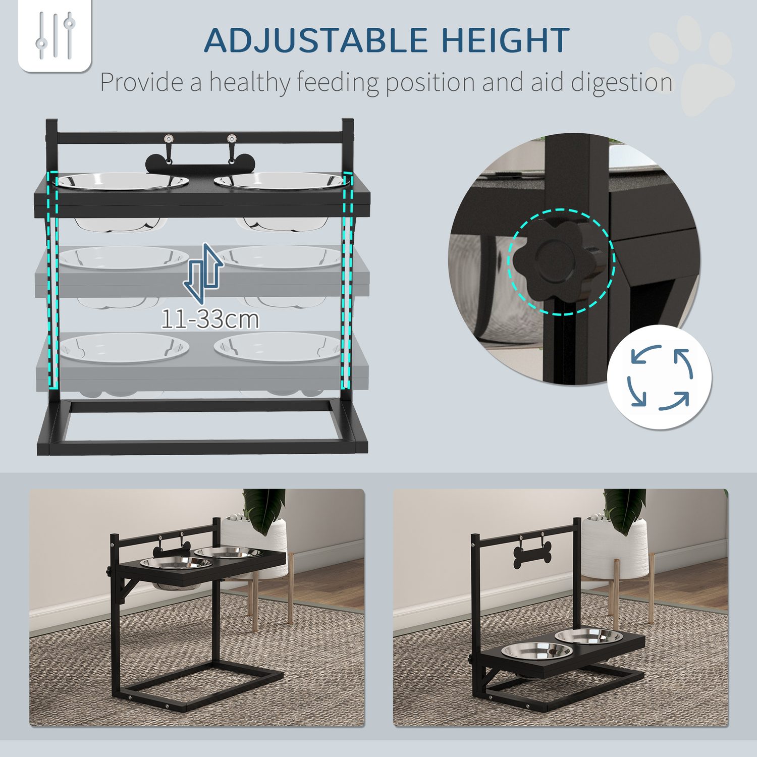 Height-Adjustable Dog Feeder Stand in Black with Two Stainless Bowls