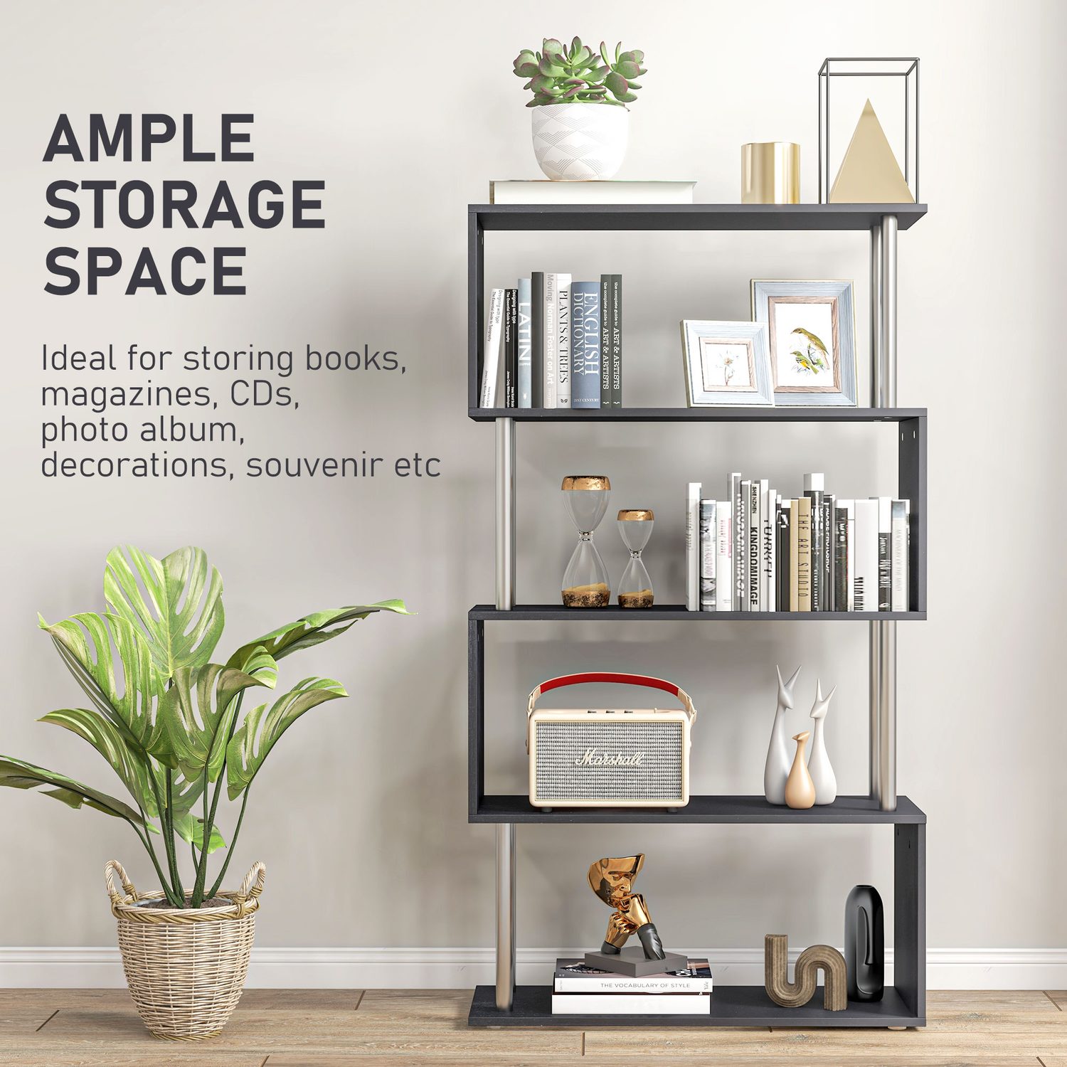 Black s-shape five-tier bookcase used as a room divider in a UK studio flat