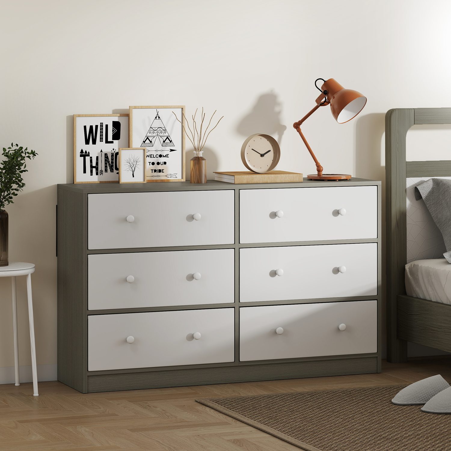 6-Drawer White & Grey Fabric Dresser
