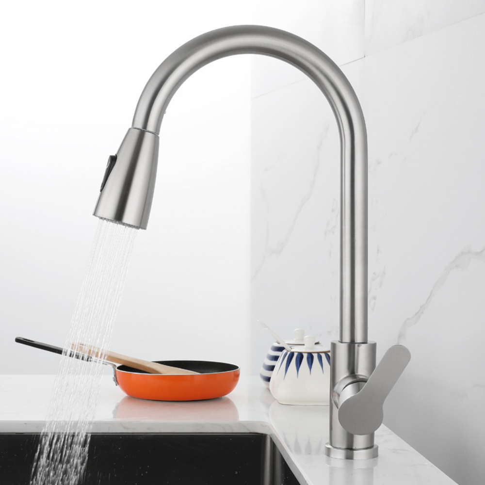 Brushed nickel pull-out kitchen tap with single lever handle and pull-down spray head