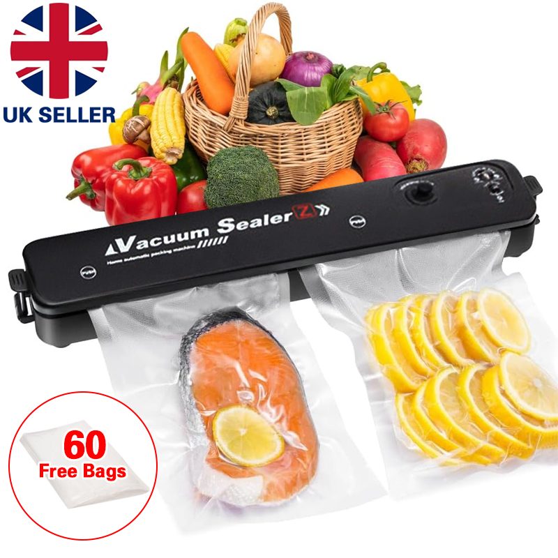 Black vacuum food sealer on a worktop with sealing bags