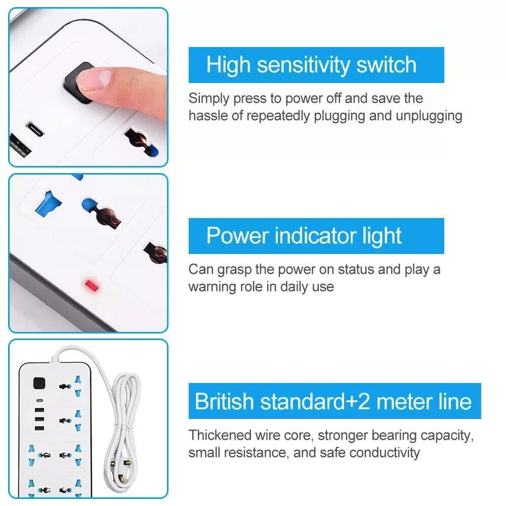 6-way extension lead with three USB-A ports and one USB-C port on the side.