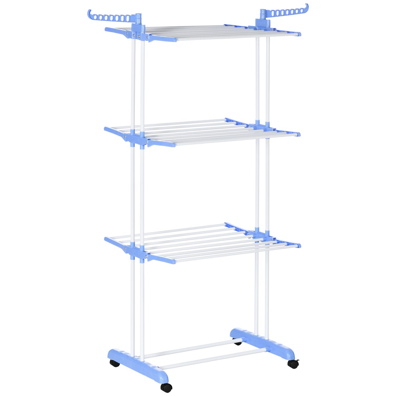 Four-tier blue steel folding drying rack with six small castor wheels.