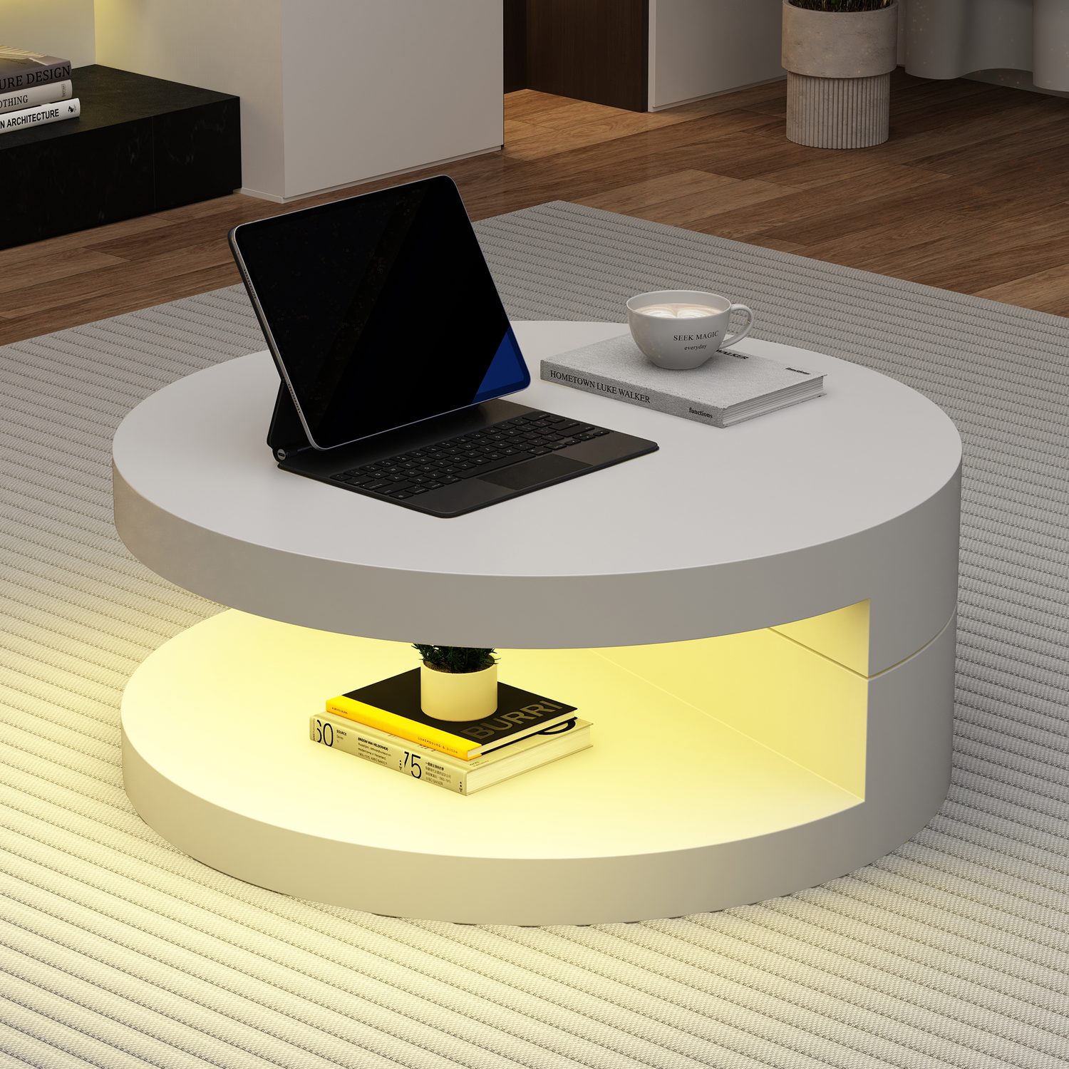 White Rotating Round Coffee Table with LED Lighting