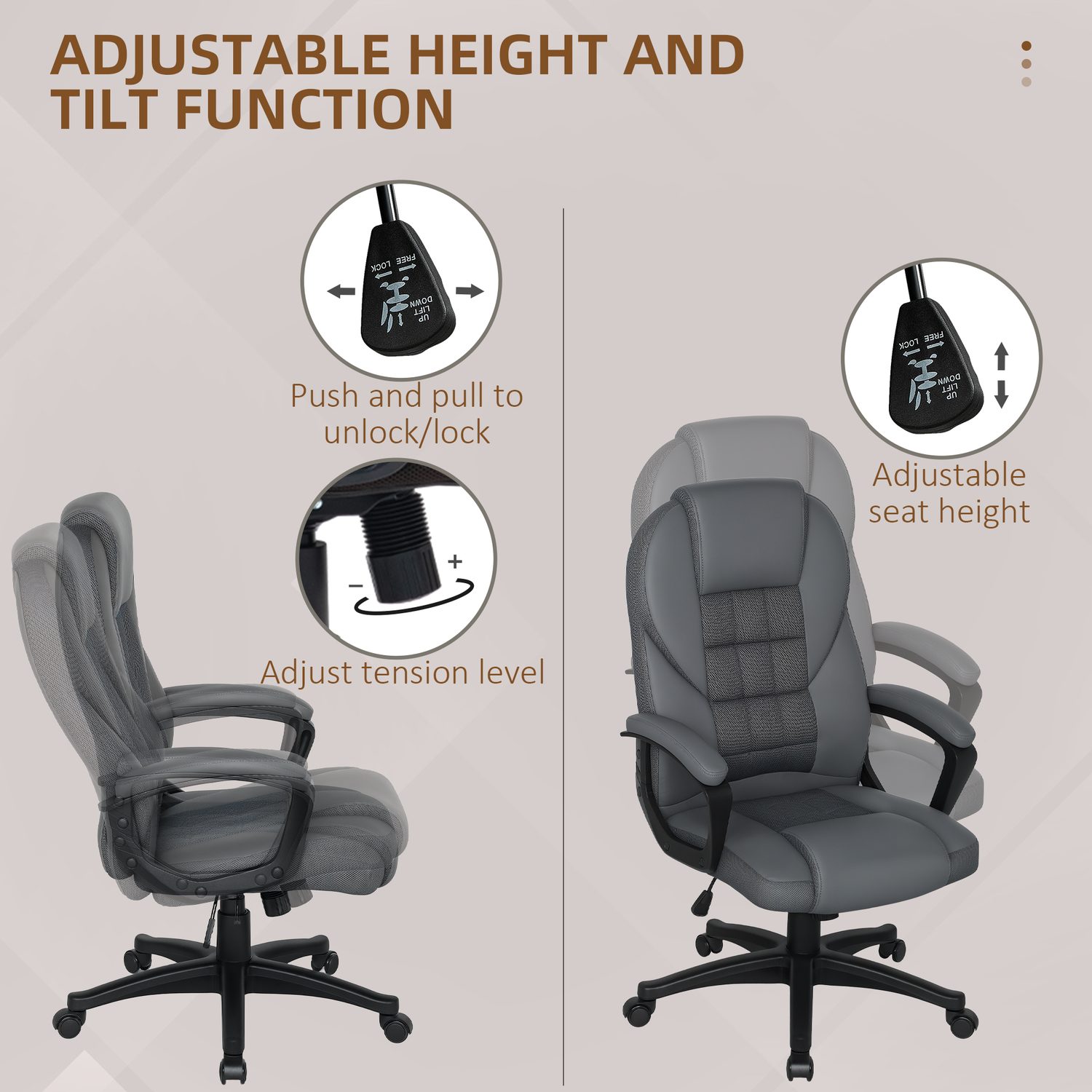 High-back charcoal grey office chair with built-in headrest and ventilated mesh centre panels
