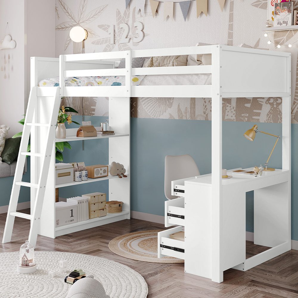 White wooden high sleeper bed with built-in desk and shelves