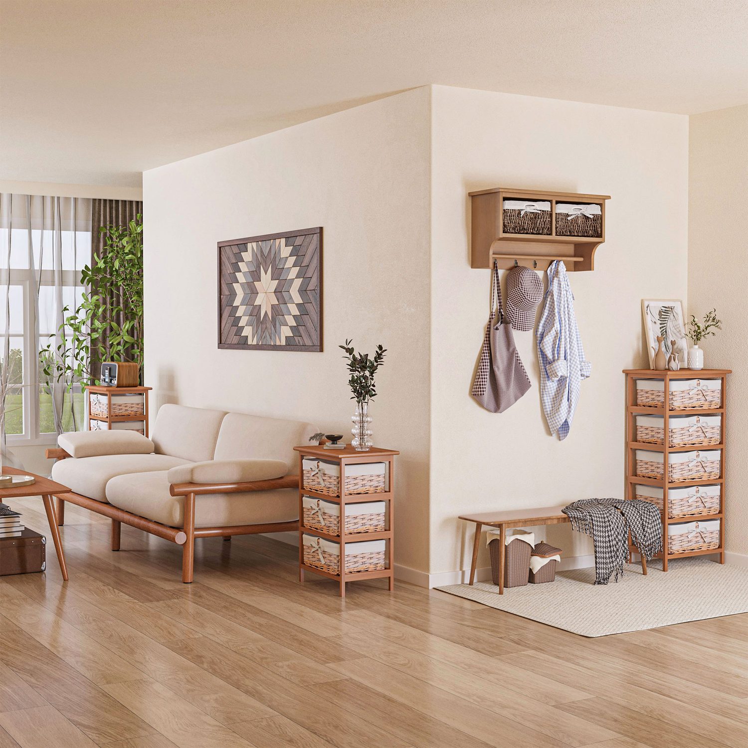 5-Drawer Natural Wicker Storage Unit