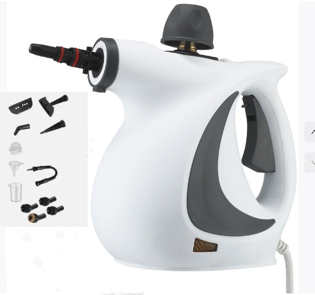 A handheld steam cleaner with a brass nozzle and 12 accessories laid out