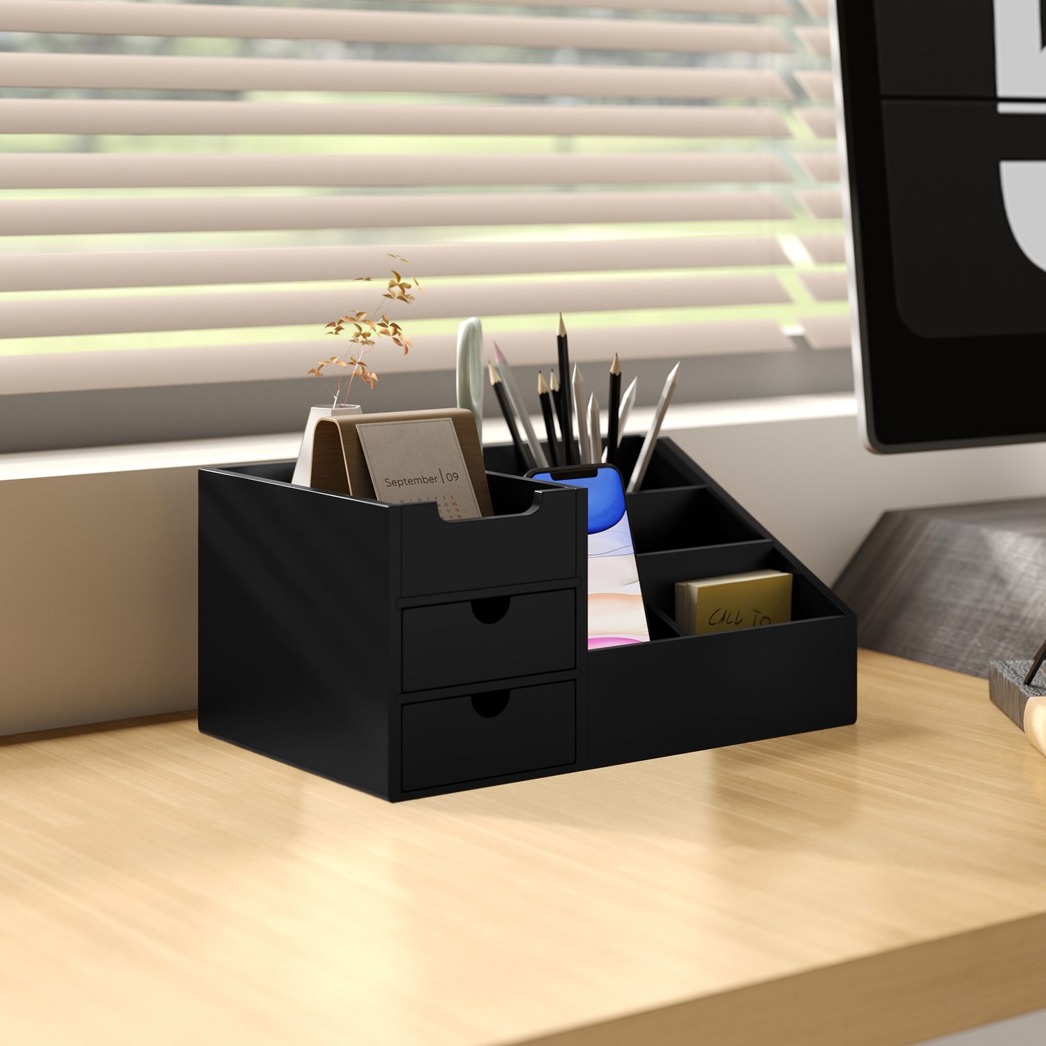 Black Bamboo Desk Organiser for Home Offices