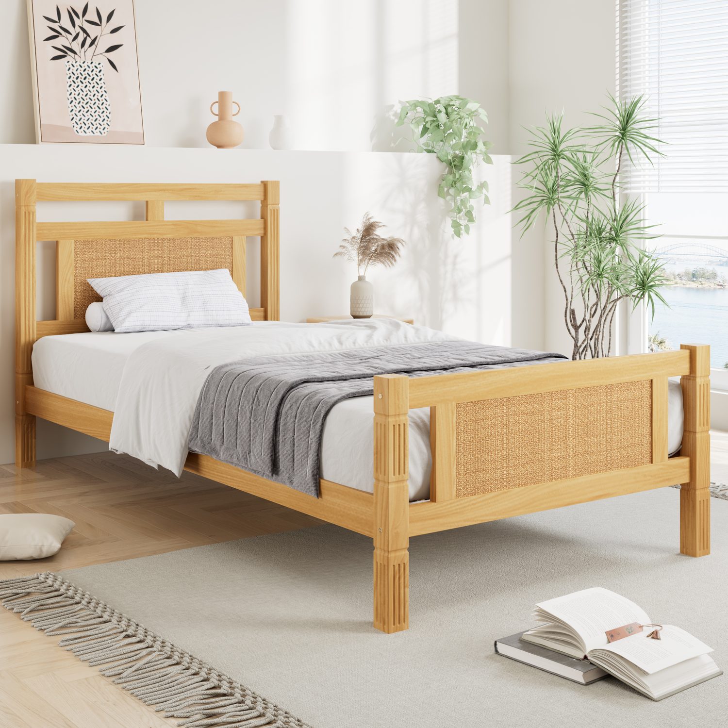 Natural Wood & Rattan Single Bed for a Serene Bedroom