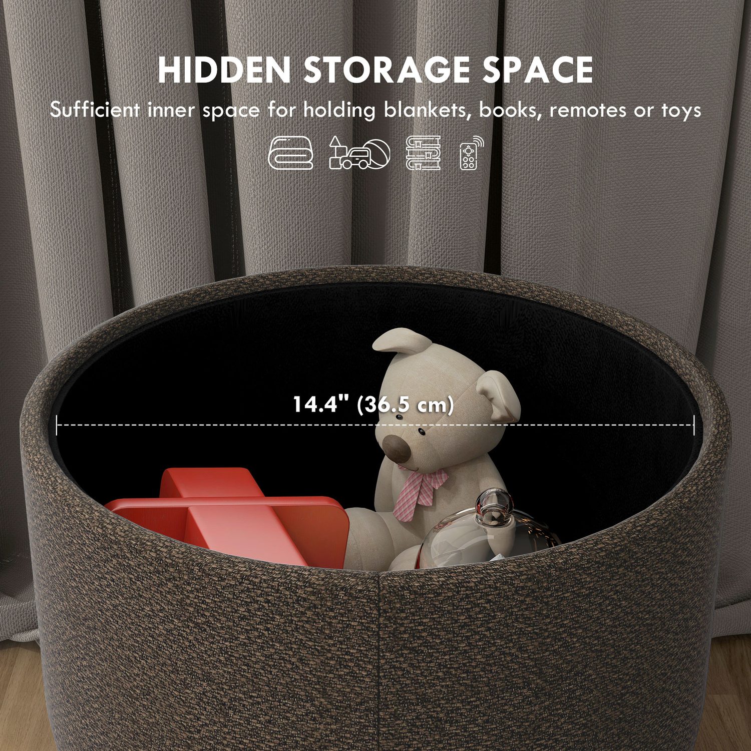 Round Storage Ottoman with Woven Fabric Seat and Natural Wood Legs