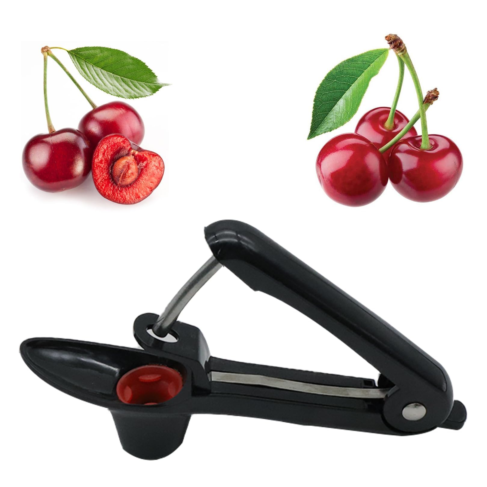 Stainless steel cherry pitter with a squeeze handle and catch cup