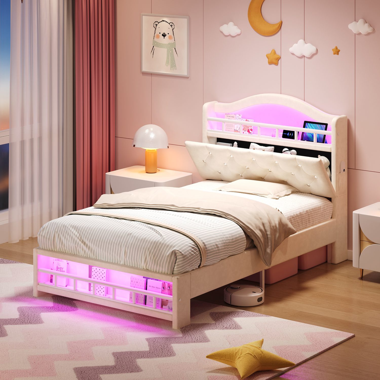 Your All-in-One Bed: Storage, Charging & Ambient Lighting