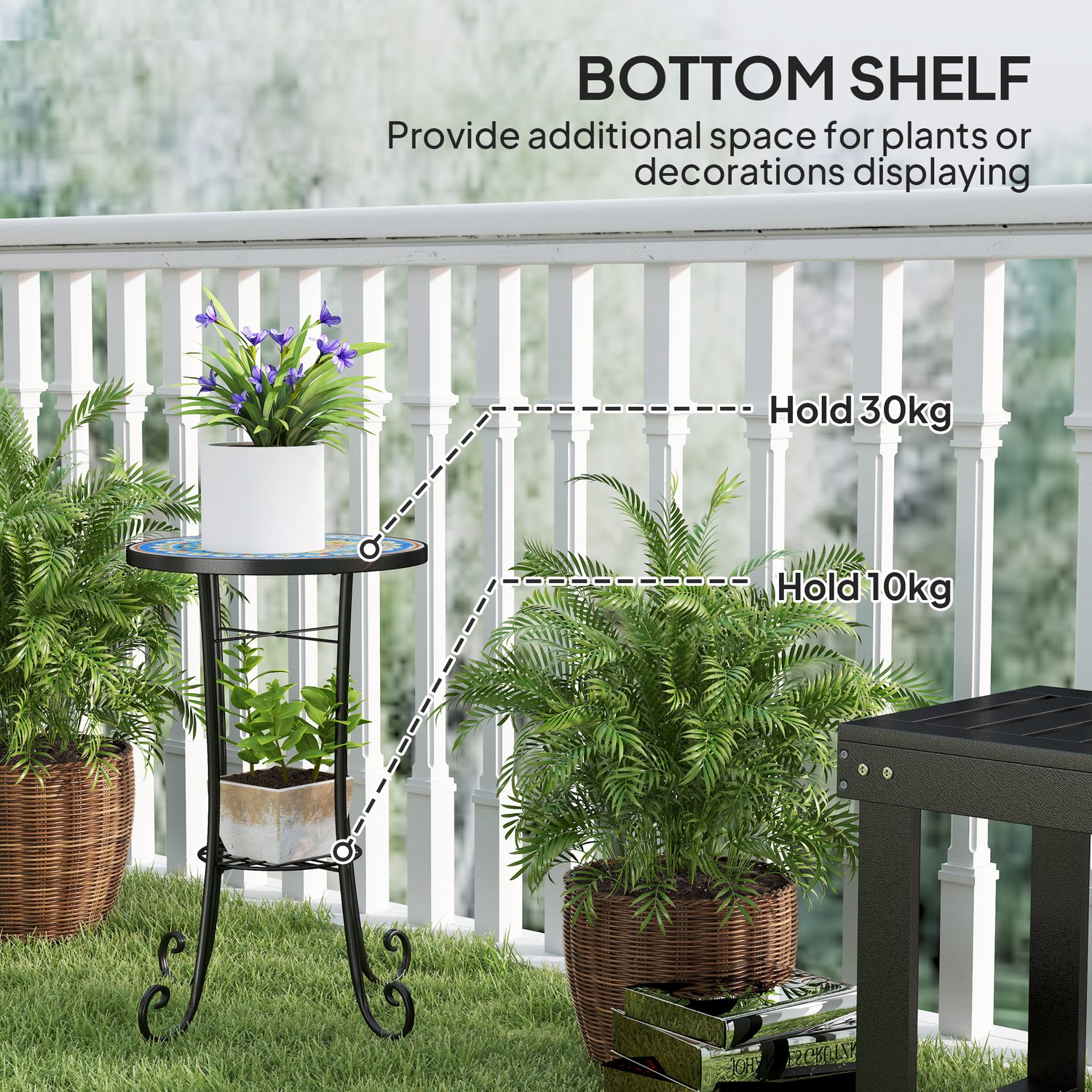 Blue ceramic mosaic garden side table with a black scroll-foot frame and lower shelf