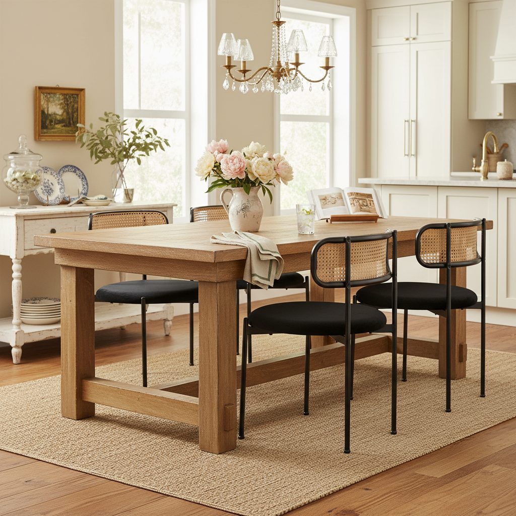 Set of 4 Black Velvet Dining Chairs with Rattan Backrest