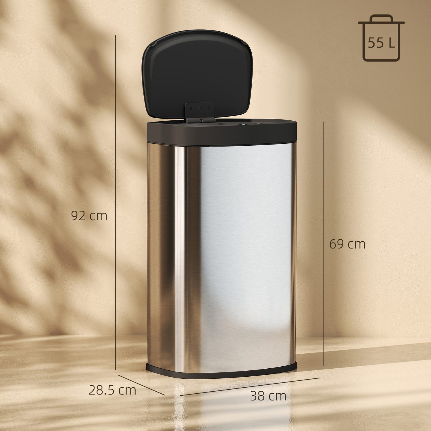 Hands-Free 55L Kitchen Bin — Wave to Open, Closes Silently