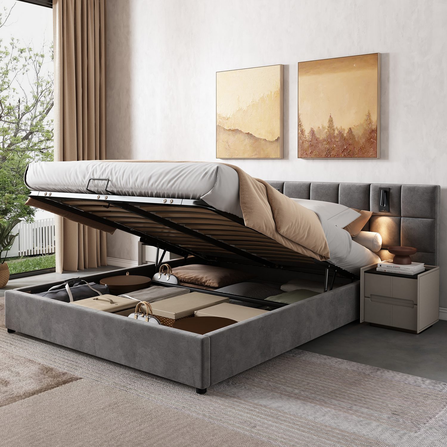 Grey velvet double bed with hydraulic storage and built-in directional reading lamp