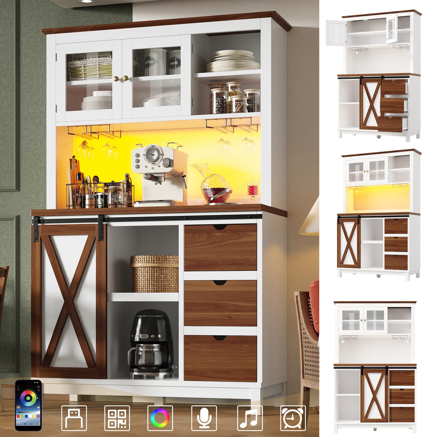 Tall white cabinet with app-controlled LED lighting, sliding door and three drawers