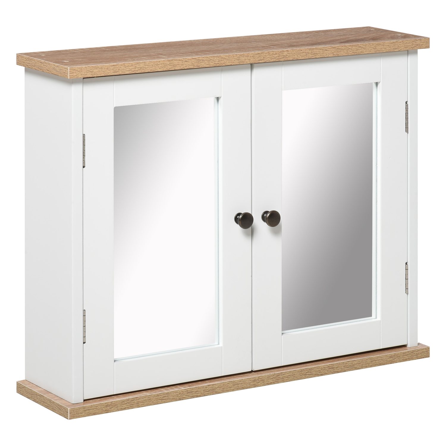White and oak trim bathroom mirror cabinet with double mirrored doors