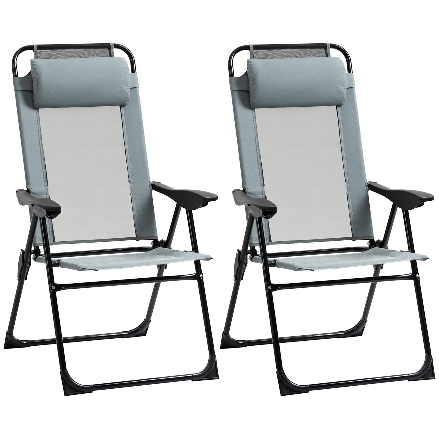 Two grey mesh folding garden recliners with adjustable backs