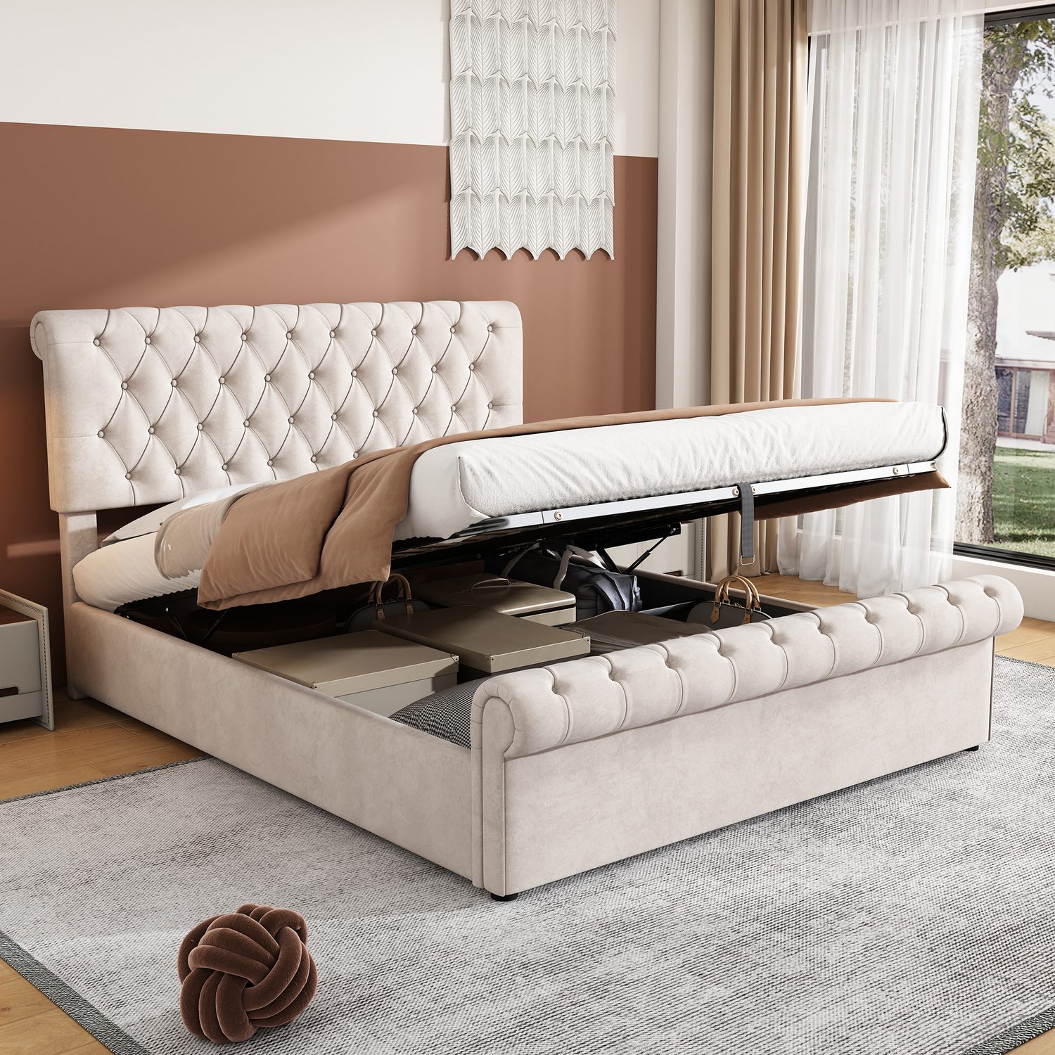 Velvet King Size Sleigh Bed with Effortless Ottoman Storage