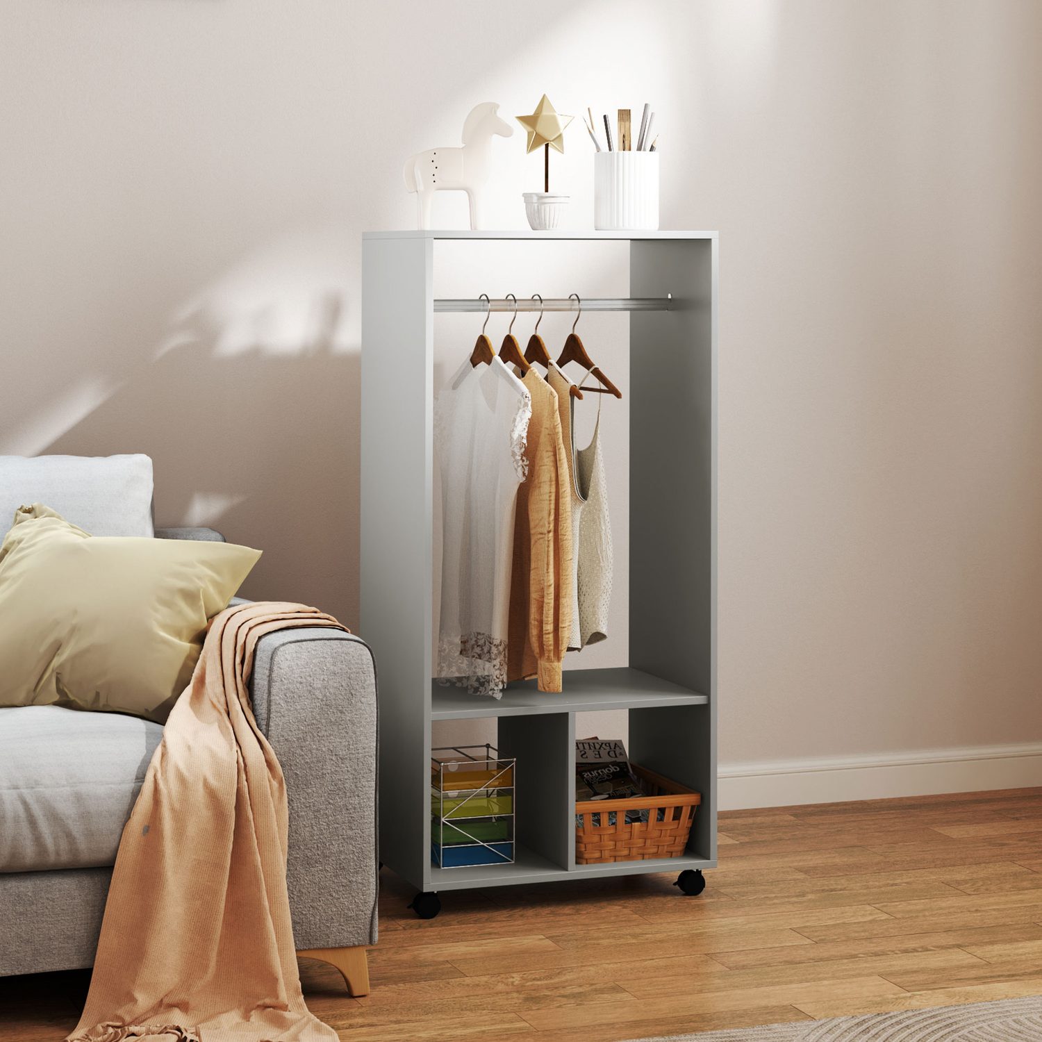 Open Wardrobe on Castors with Hanging Rail and Bottom Shelves